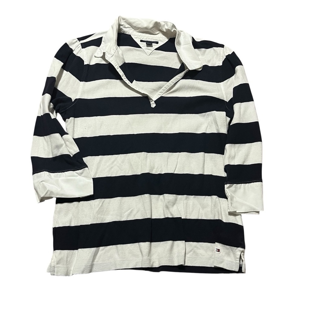 Tommy Hilfiger Navy and White Striped Polo Shirt Size Large Coastal Resort Beach
